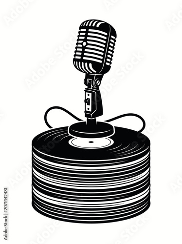 Vintage Microphone on a Stack of Vinyl Records Silhouette Illustration