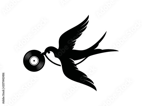 Silhouette of a Swallow Bird Carrying a Vinyl Record Music Concept