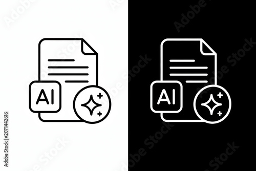 Linear Vector Icon Set Featuring Generative Artificial Intelligence Document Files with Sparkle Symbols for Digital Creative Tools
