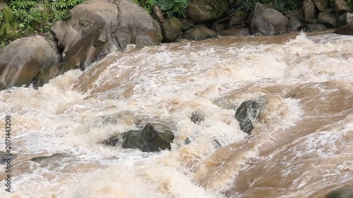 Turbulent river water rapid flows over rocks with white foam and splash, outdoor nature stream current surrounded by greenery, large boulders and stones, conveying energy and movement