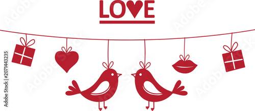 Quadro em tela Romantic hanging garland design element featuring couple of sweet lovebirds, pre