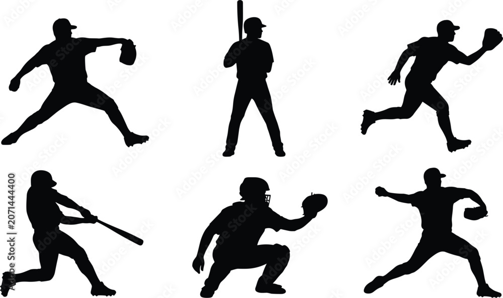 Fotografie Baseball Player Action Silhouette Vector Set with Pitcher, Batter, Catcher, and