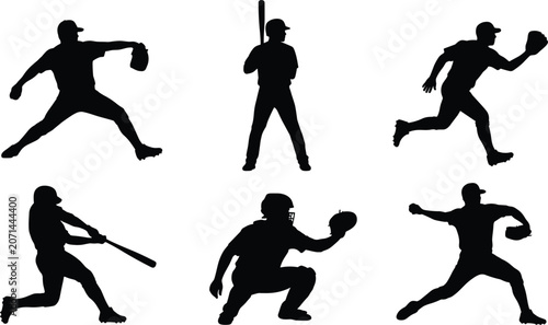 Vászonkép Baseball Player Action Silhouette Vector Set with Pitcher, Batter, Catcher, and