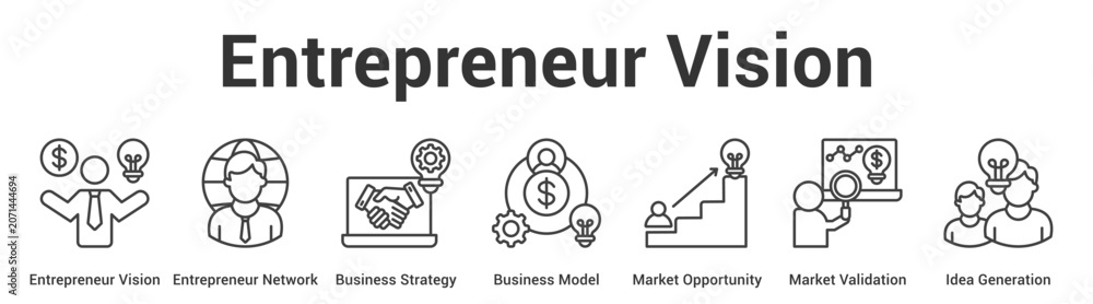 Fototapeta premium Entrepreneur Vision web banner icon vector illustration concept for business with icon of Entrepreneur Vision, Entrepreneur Network, Business Strategy, Business Model, Market Opportunity, Market.
