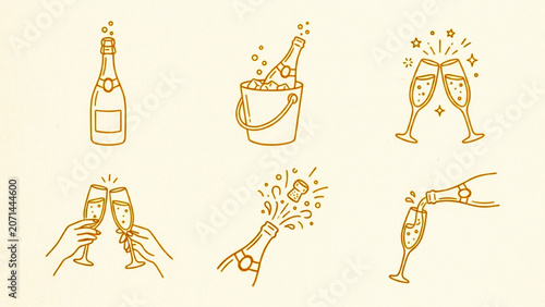 Foto Golden line art champagne icons featuring celebratory bottles and glasses for festive event design and luxury party branding graphic elements on a light background