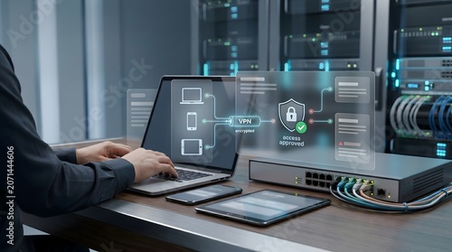 Person using laptop with VPN encryption and access approved hologram
