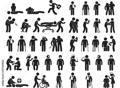 Medical emergency and first aid icons set, black stick figure pictograms of injured people and healthcare workers, hospital patient care vector collection