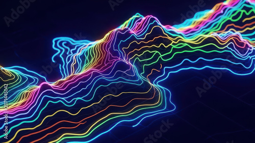 Vibrant, multicolored, glowing, abstract, wavy, lines, and, flowing, contours, on, dark, background.