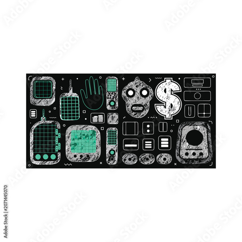 Cyberpunk Fintech and Digital Currency Icon Set with Grunge Textures
