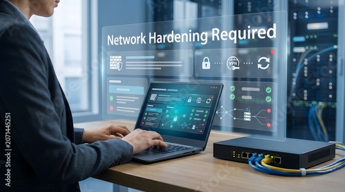 Person using laptop with network hardening interface in server room