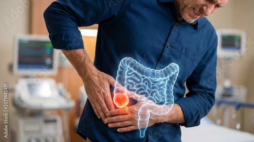 Man suffering from acute appendicitis pain with holographic intestine anatomy overlay. Male patient grimacing and holding painful lower right abdomen, medical emergency diagnostics