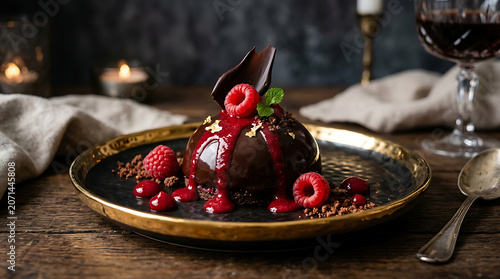 Decadent chocolate dome dessert with raspberry coulis and fresh berries on rustic dinner table chocolate raspberry restaurant atmosphere romantic culinary