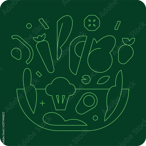 Line art spot illustration of salad bowl. Hover fresh vegetables, fruits. Carrot, broccoli, avocado, cucumber, apple, leafy greens. Healthy eating lifestyle, nutrition, food delivery restaurant menu