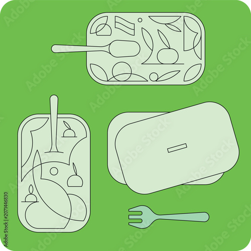 Salad lunch boxes flat spot illustration. Fruits, vegetables, fork and spork cutlery. Healthy eating campaigns, meal prep branding, school tiffin, food delivery apps, nutrition blogs, Design UI