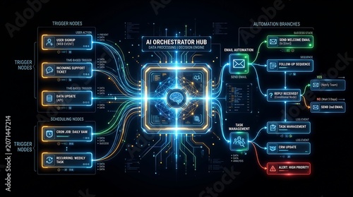 Ai orchestrator hub workflow diagram featuring automated data processing and decision engine logic with glowing nodes on a dark background for intelligent systems design