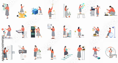 Collection of Flat Vector Illustrations Featuring a Businesswoman Engaging in Various Modern Technology, Data Analysis, and Office Productivity Tasks