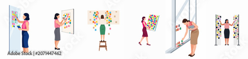 Collection of businesswomen organizing projects with colorful sticky notes on whiteboards and glass walls, illustrating planning, brainstorming, and team management concepts.