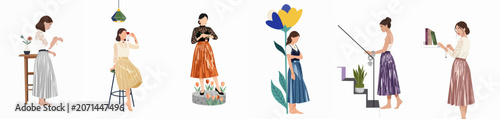 Collection of elegant female characters in stylish outfits and various poses, flat vector illustration set on white background.