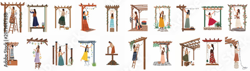 Set of illustrations featuring bohemian women decorating garden pergolas with string lights, lanterns, and plants, perfect for outdoor living and home improvement themes.