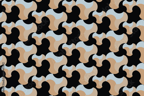 Retro geometric seamless pattern, vintage mid-century abstract tessellation, organic interlocking shapes in beige and blue on black background