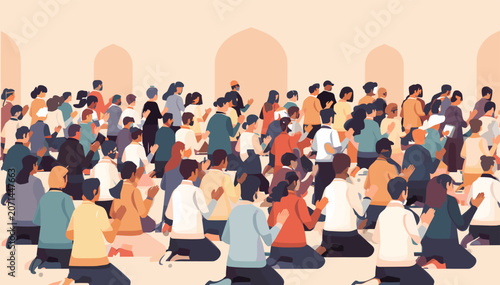 Slika na platnu A large group of diverse people kneeling in prayer or meditation within a spacious hall with arched windows, depicting a scene of collective worship or spiritual gathering