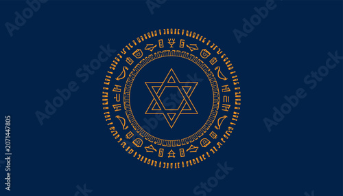 Photography Golden Star of David emblem with ancient symbols in a circular design on a dark blue background, representing Jewish faith and mysticism