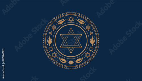 фотографія Ornate golden Star of David emblem with intricate circular design on a dark blue background, symbolizing Jewish heritage and faith