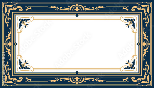 Foto Elegant rectangular frame with ornate gold and cream scrollwork on a dark blue background, featuring a blank white center for text or design