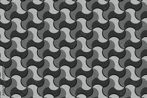 Monochrome geometric seamless pattern, interlocking curved shapes in grey tones, abstract repeating vector background for modern textile design