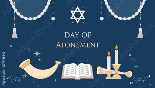 Quadro em tela A solemn illustration for the Day of Atonement, featuring a Star of David, shofar, open book, and lit candles on a dark blue background