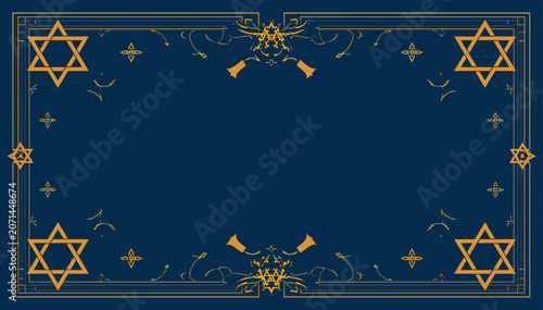 Obraz na plátně Elegant blue background with golden Star of David symbols and ornate decorative borders, suitable for religious or cultural events