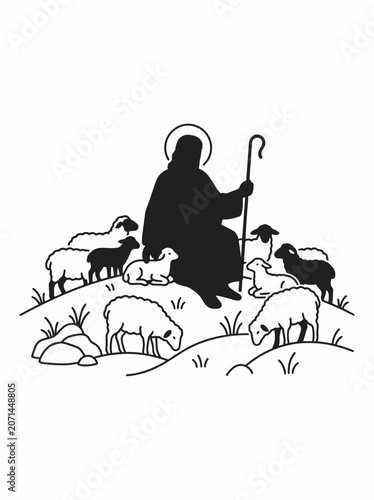 Black and White Silhouette of Jesus as the Good Shepherd with a Flock of Sheep