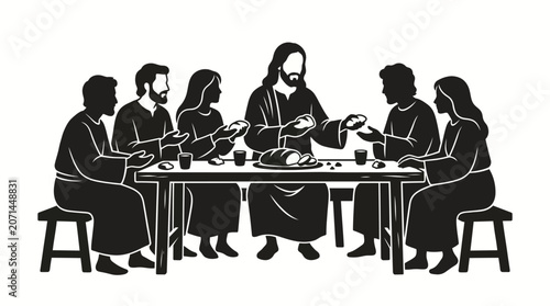 Silhouette Illustration of the Last Supper with Jesus and Disciples Breaking Bread