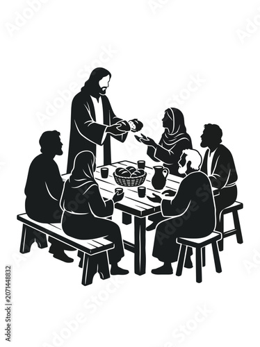 Minimalist Silhouette of Jesus Breaking Bread and Sharing a Meal with Followers