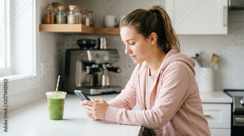 A focused young woman relaxes at her kitchen counter with a nutrient-rich green drink, scrolling through her phone in a cozy morning atmosphere.