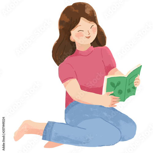 Illustration of a girl sitting and reading a book.