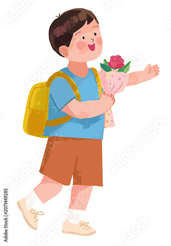 illustration of a boy holding flowers in his hand