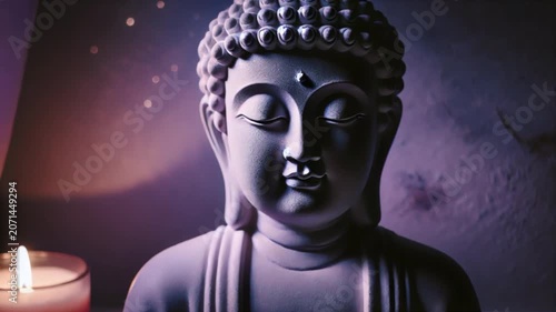 Close up video of a white Buddha statue with serene expression, representing meditation, peace and spirituality.