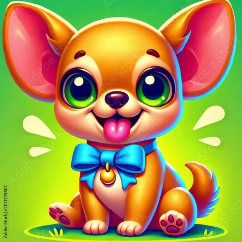 Animated happy Chihuahua cartoon dog with large ears and tan fur, playful expression and adorable pet character design.