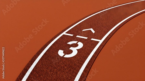 Running track lane, numbered 3, athletic field, sports infrastructure, red surface
