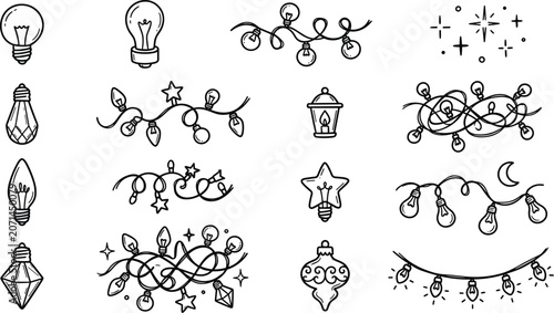 Doodle style light bulb and string light illustrations
