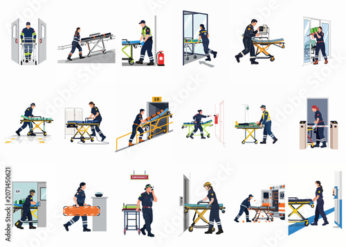 Photos Flat vector illustrations of paramedics and emergency medical technicians transporting patients on stretchers, responding to medical emergencies, and working in hospital environments
