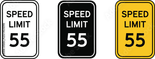 Obraz na plátně Speed limit 55 road signs set, black and yellow regulatory traffic signage vecto