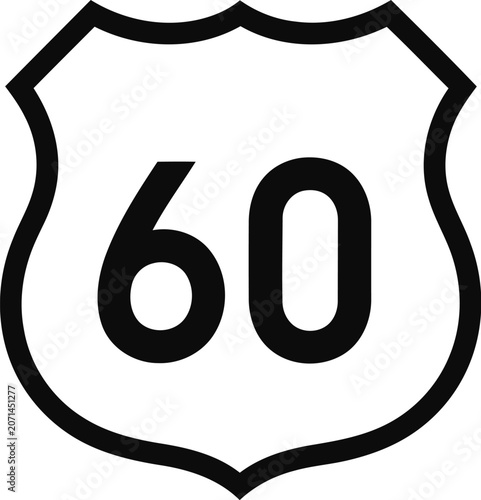 Fotografie Black and White Route 60 Highway Shield Icon Isolated on White Background