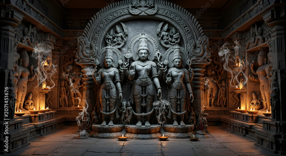 Fototapeta premium Rath yatra ancient stone statues in temple sanctuary