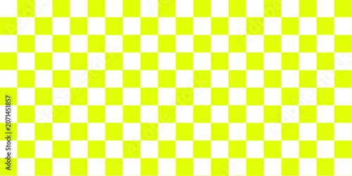 Bright neon lime green and white checkerboard pattern background. Seamless geometric square texture for retro fashion, textile, and digital design.