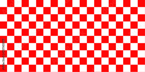 Red and white checkerboard seamless pattern. Geometric square grid texture background. Classic tablecloth canvas or racing flag design