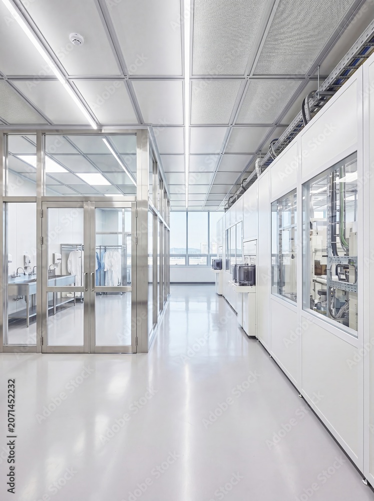 Fototapeta premium Bright controlled production floor in warm filtered light