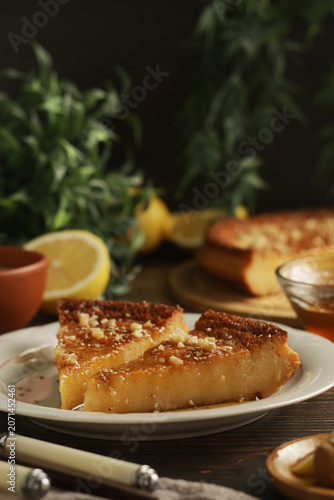A traditional dish of the cuisine of Greece - Melopita, a honey cheesecake