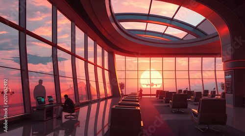 airport lounge at sunrise with panoramic windows and aircraft silhouettes, capturing the atmosphere of air travel, aviation, and business trips